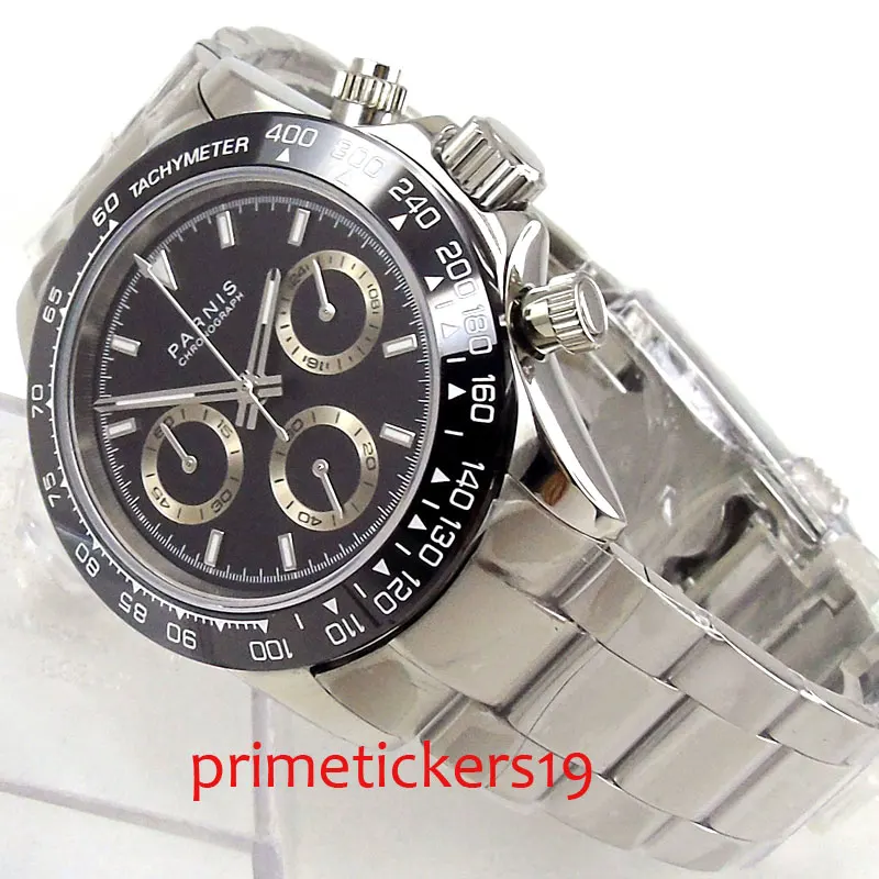 Quartz movement date day display 39mm PARNIS black dial stainless steel strap solid black case mens watch PA1178