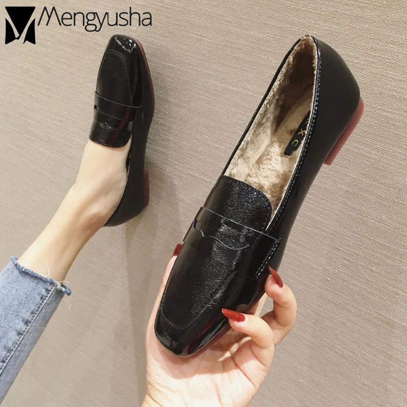 Winter Flat shoes woman loafers ballerina square toe espadrilles plush comfy fur moccasin black derbies dress small leather shoe