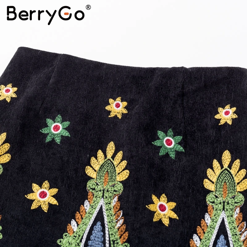 BerryGo/винтажная юбка с высокой талией и вышивкой, женские сексуальные черные женские мини-юбки, осенне-зимние Вельветовые женские юбки