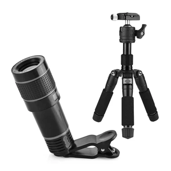 

1 Pcs 12X Zoom Telephoto Clip on Lens Kit (Black+Red) & 1 Pcs K521 5-Section Aluminum Alloy Tripod With Mini Ball Head