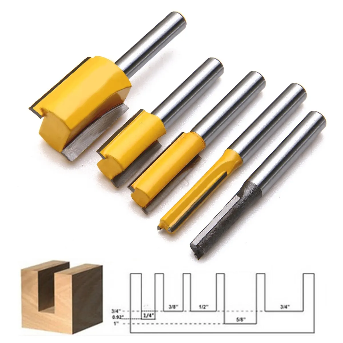 5Pcs/set 1/4'' Shank Straight Dado Router Bit Set Milling Cutter For Woodworking Trimming Cutter