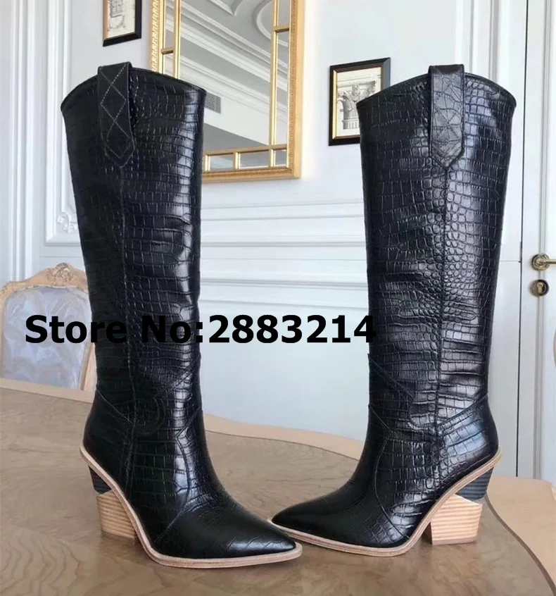 Original Quality Women Unique Heels Pointy Toe Knee High Long Boots Luxury Winter Autumn Motorcycle Boots Shoes Euro Size 34-46