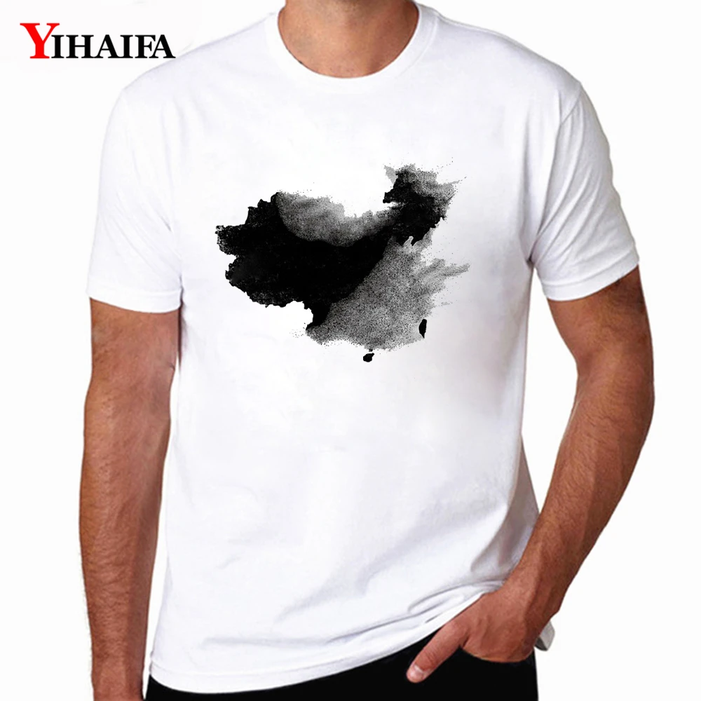 

YIHAIFA Casual Mens T-Shirt Black Ink Map Graphics Tees Short Sleeve Casual Tops Harajuku Streetwear T Shirts Men Clothing