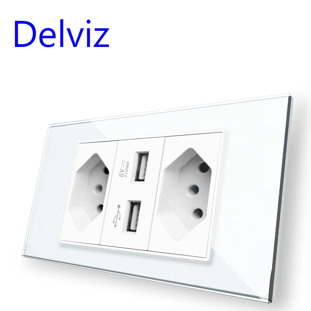 Delviz Brazil Standard Socket White Tempered Glass Panel USB socket 2100ma Size 120mm*72mm With Ports Wall Power Outlet | Обустройство