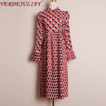 

VERDEJULIAY European Vintage Design Classical Pleated Dresses Women 2020 Spring New Elegant Ruffled Sleeve Plaid Midi Dress