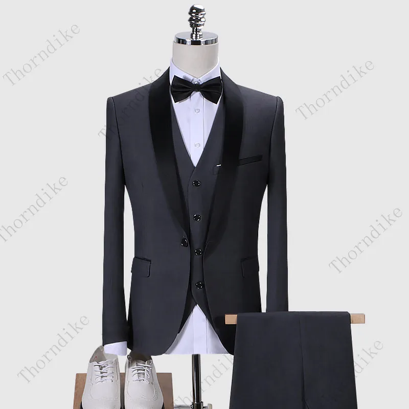 Thorndike Men Suits 3 Pieces Black Fit Casual Groomsmen Army Lapel Business Tuxedos for Formal Wedding(Blazer+Pants+Vest) 5