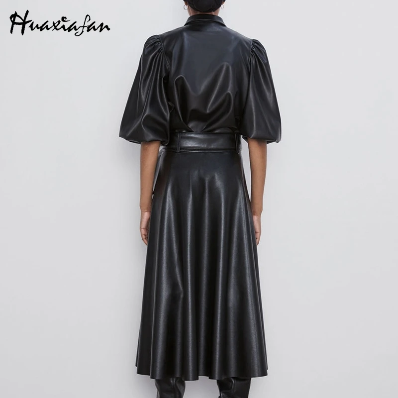 Huaxiafan юбки из искусственной кожи, Женская юбка, черная трапециевидная юбка средней длины на молнии, Женская Базовая винтажная модная юбка с поясом-бабочкой