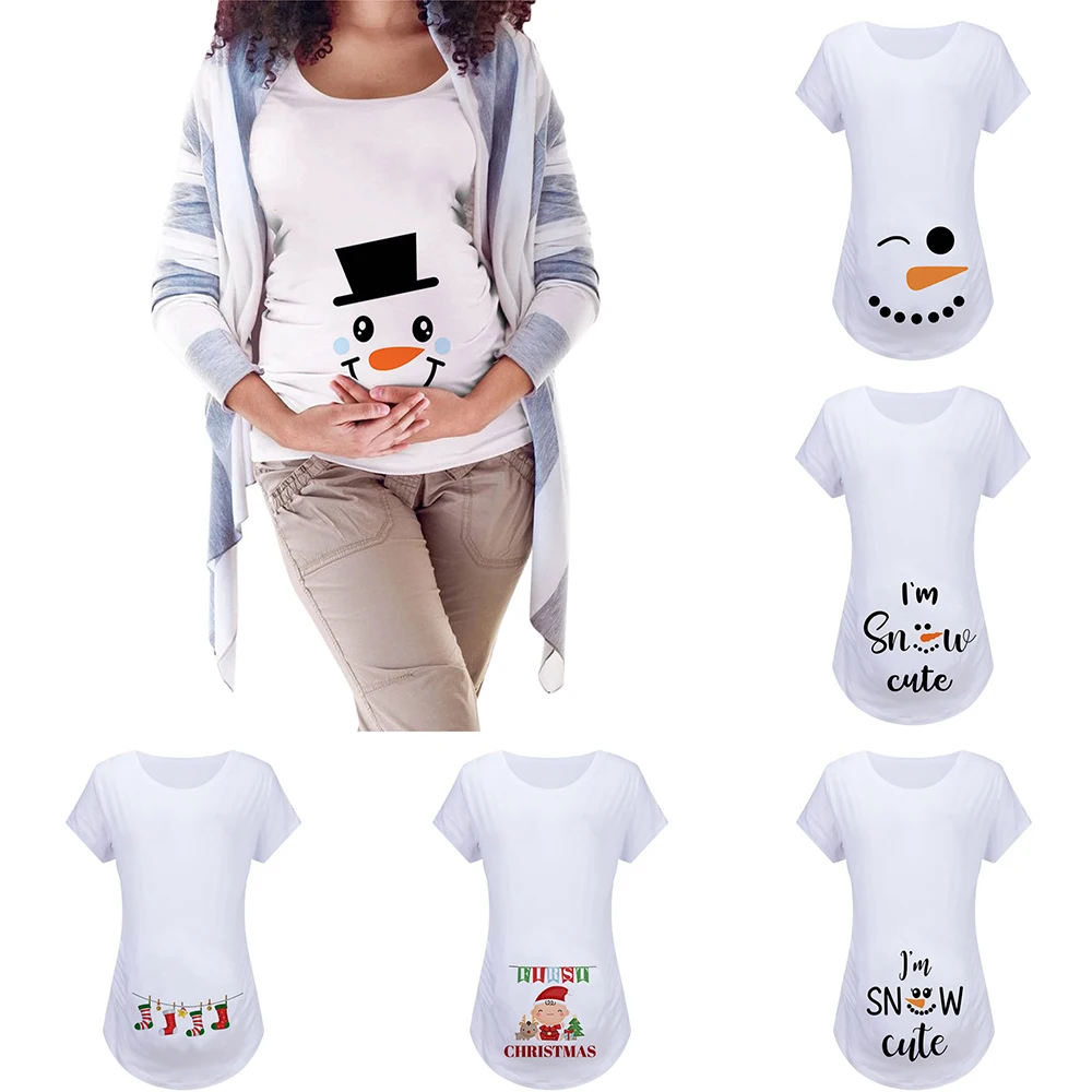 Рождественская Женская одежда для беременных; Футболка для беременных с короткими рукавами и рисунком Санта-Клауса; Повседневная хлопковая блузка