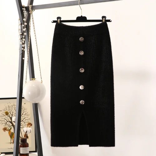 Korobov Korean Thick A-line Short Winter Basics Skirts Vintage Mohair Warm Solid Saias Stretch Button Faldas Mujer 79247 - Цвет: black