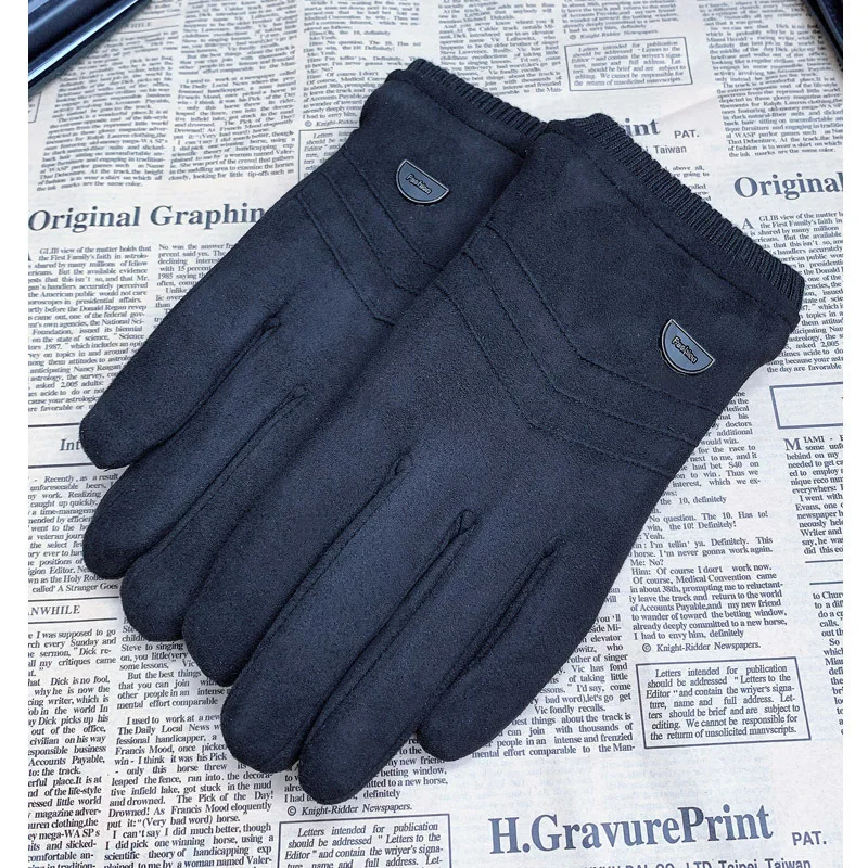 Замшевые перчатки мужские зимние плюс бархатные теплые тонкие с сенсорным экраном для верховой езды и бега, ветрозащитные Нескользящие перчатки - Цвет: black
