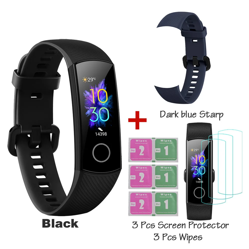 Huawei Honor Band 5, смарт-браслет, глобальная версия, кровяный кислород, Смарт-часы AMOLED, huawei, смарт-браслет, пульсометр, фитнес-трекер сна - Цвет: Black Darkblue Strap