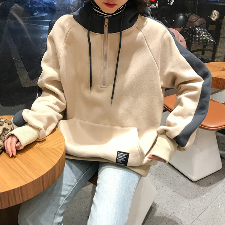 Новинка Harajuku, Женская толстовка, корейская мода, пэчворк, длинный рукав, с капюшоном, толстовки, пальто, женские, повседневные, карманы, Свободный пуловер