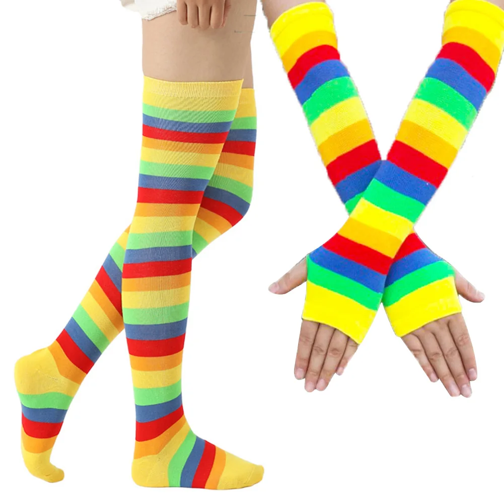 Fashion Slim Striped Women Stockings Set Party Anti Slip Long Gloves Elastic Over Knee Casual Cosplay Cotton Blend Rainbow Soft - Цвет: Yellow