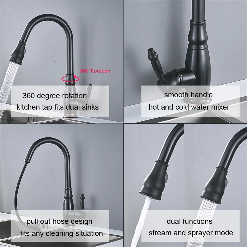 Vidric Blackend Pull Out Kitchen Sink Faucet Single Handle 360 Swivel Mixer Tap Faucet For Kitchen Torneira Cozinha Rotate Tap