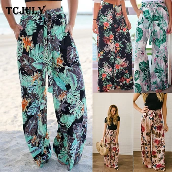 

TCJULY New Florals Printed Wide Leg Pants Women High Waist Drawstring Trousers With Pockets Streetwear Loose Casual Summer Pants