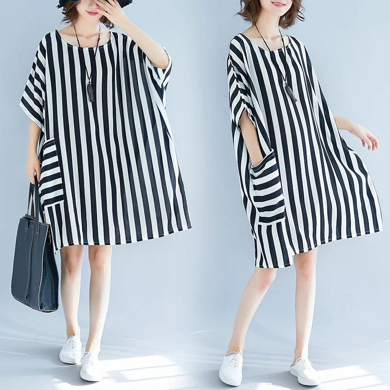 

Plus Sizes Women Summer Dress European Casual Loose Striped Big Pocket Chiffon Dresses Holiday Style Beach Dress 5XL 6XL