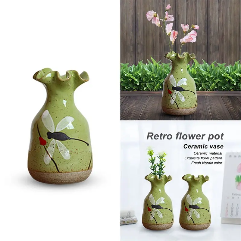 Hand-painted dragonfly retro flower pots ceramic vases simple creative pottery green meat creative water culture decoration home