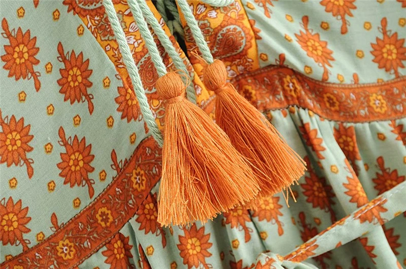 Винтажные шикарные летние женские цветочные принты пояса Boho Комбинезоны женские с v-образным вырезом длинным рукавом кисточкой пляжные комбинезоны топы