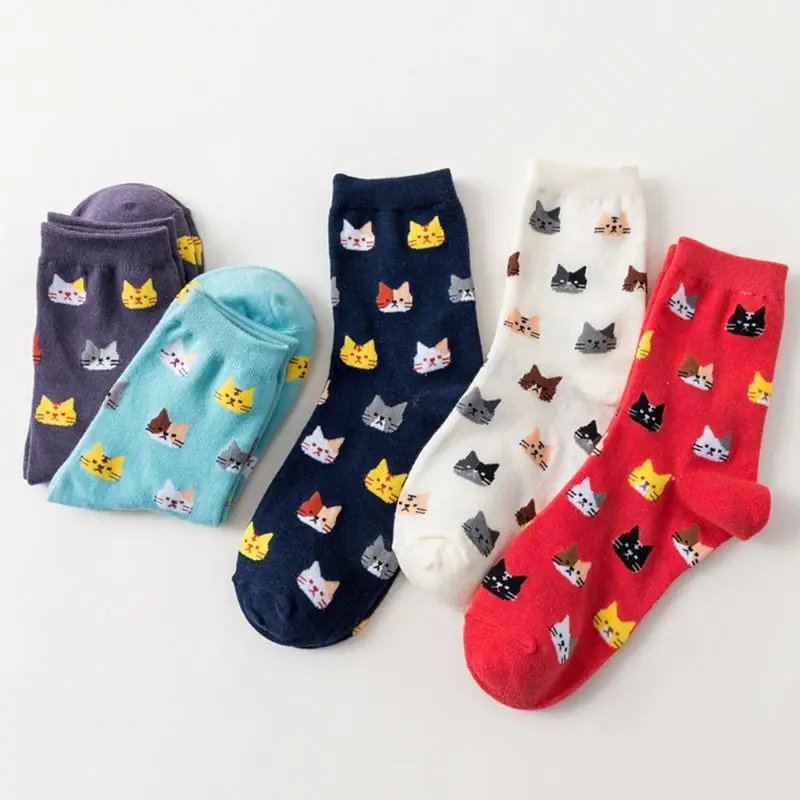 5 пар женских милых Хлопковых Носков с изображением кота мяу из мультфильма чулочно-носочные изделия с животными
