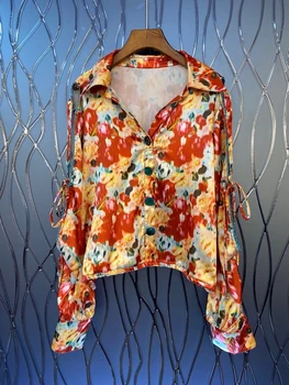 

2020 Spring and Summer New Women's Lapel V-neck Sleeves Bandage Decorative Printing Loose All-Match Shirt 629