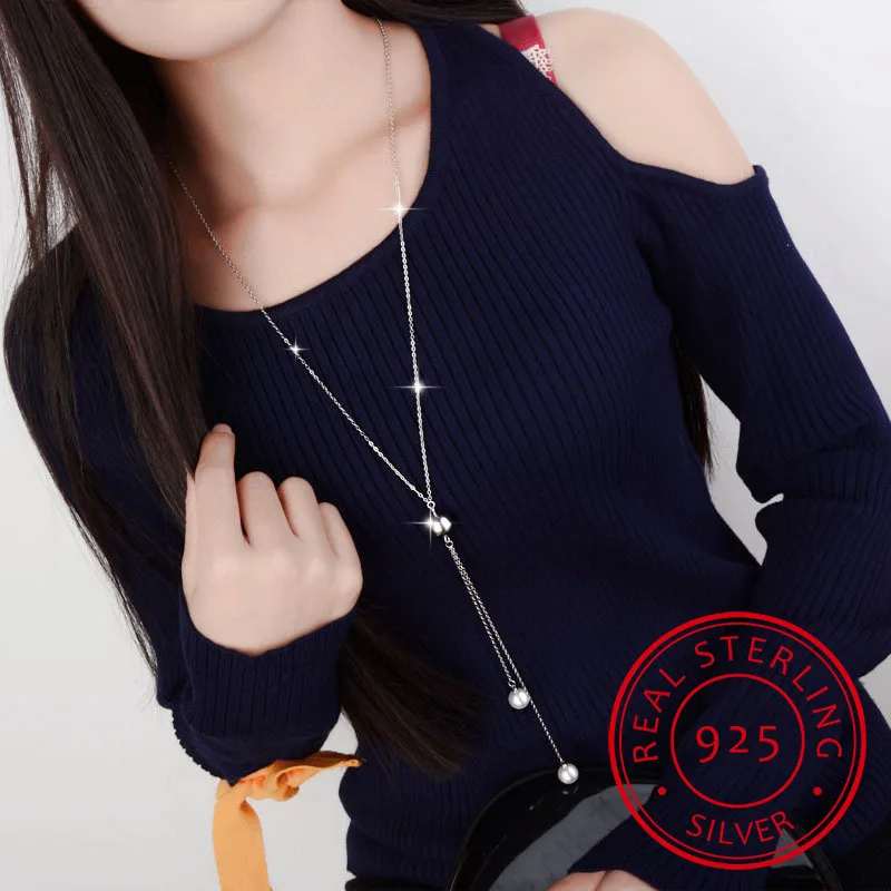 925 Sterling Silver Necklace Ball Beads Pearl Sweater Long Chain Necklaces for Women choker collares pendant necklace silver necklace silver pendant silver necklace charms