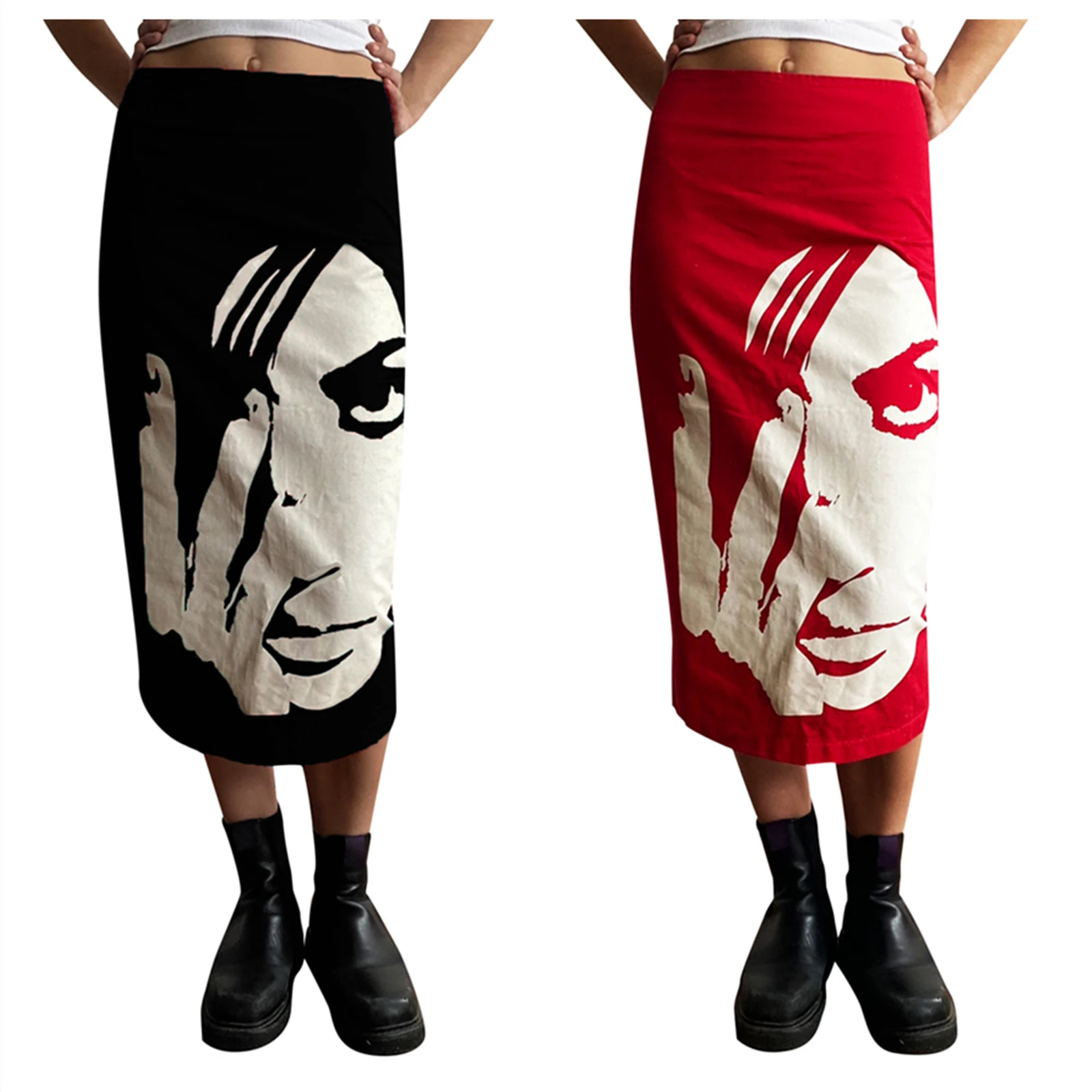 Women Summer Bottom Skirt Human Face Print High-Waist Long Casual Semi-Dress for Girls Black/Red | Женская одежда