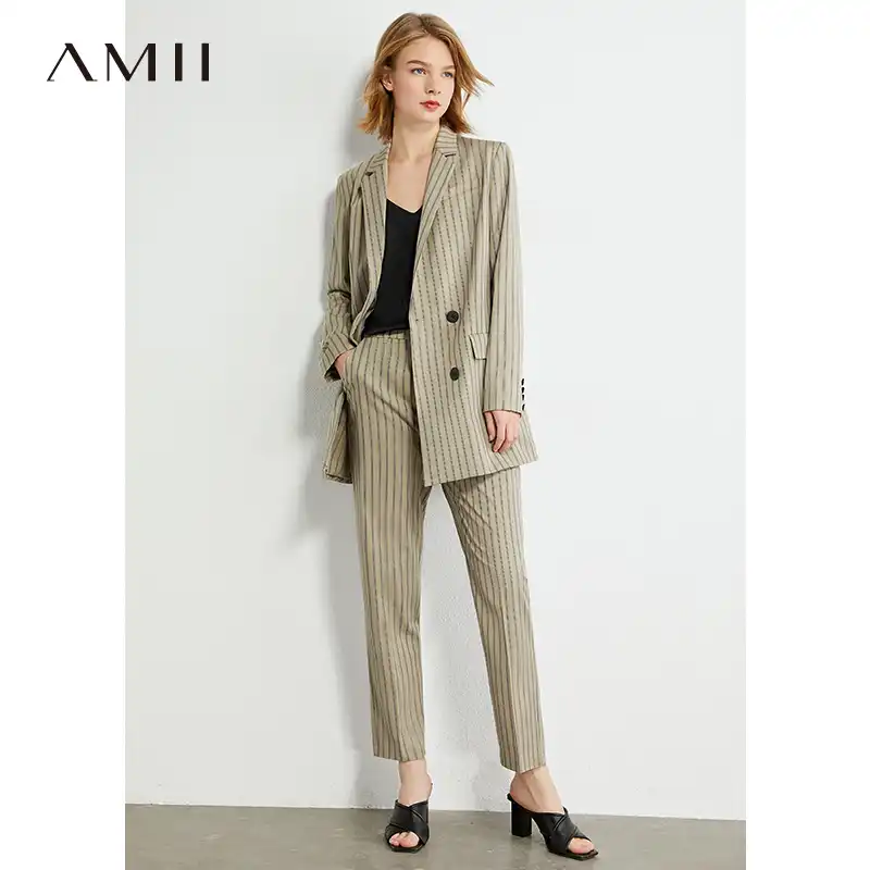 Amiiミニマリズム秋の女性スーツコートファッションolstyleストライプラペルブレザー女性の因果ウエスト女性のパンツ パンツスーツ Aliexpress
