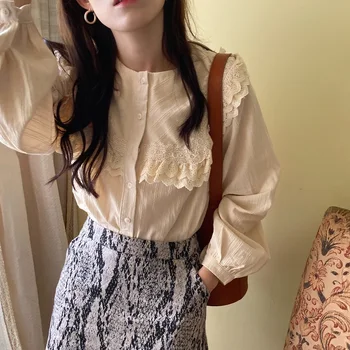 

Alien Kitty Vintage Elegant Hollow Out Crochet Women Blouses Long Sleeve Korean Style Doll Large Lapel Shirt Loose Tops Blusas