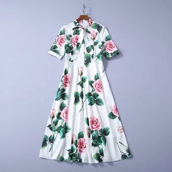 

New European and American women's dresses for spring 2020 Short - sleeved bow neck Rose printed Fashionable dress