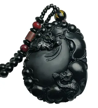 

LETSFUN Fine Jewelry Clin-kk Hand Carved Natural Obsidian Frosted Monkey Money Bag Peach Pendant Necklace Free Shipping