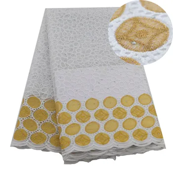 

White African Lace Fabric High Quality French Tulle Lace Fabric Gold Wedding Dress Nigerian Lace Fabric Stones 5 Yards Sewing