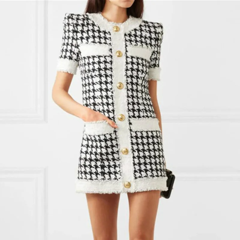 Осеннее дизайнерское винтажное клетчатое платье в клетку с кисточками «гусиные лапки», элегантное женское мини-платье, женские платья с коротким рукавом для подиума, Vestidos