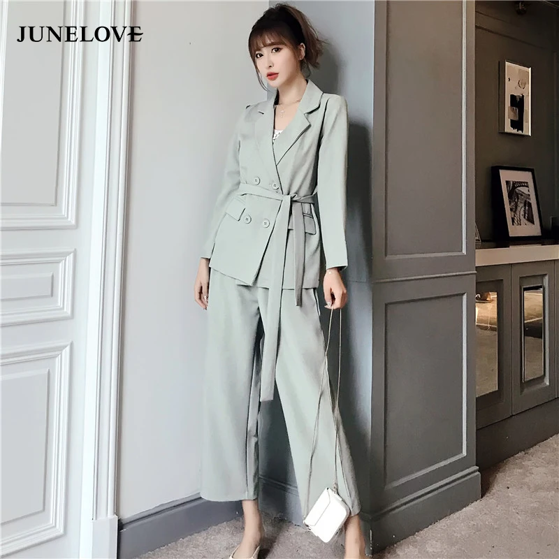 JuneLove Весна Осень Женщины Узелок Pant Suit Vintage Зубчатый Blazer куртки &amp офиса одежда