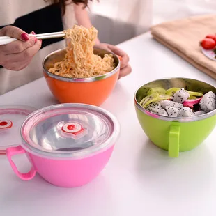 Stainless Steel Korean Style Cartoon Tableware with Instant Noodle Bowl Double Layer Thermal Lunch Box Freshness Large-Volume Lu