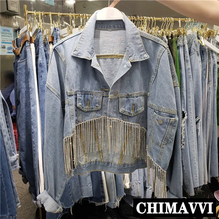 

Fashion Short Denim Jacket Women's Spring and Autumn Heavy Rhinestone Diamond Tassel Loose High Waist Jeans Coat Student Jackets