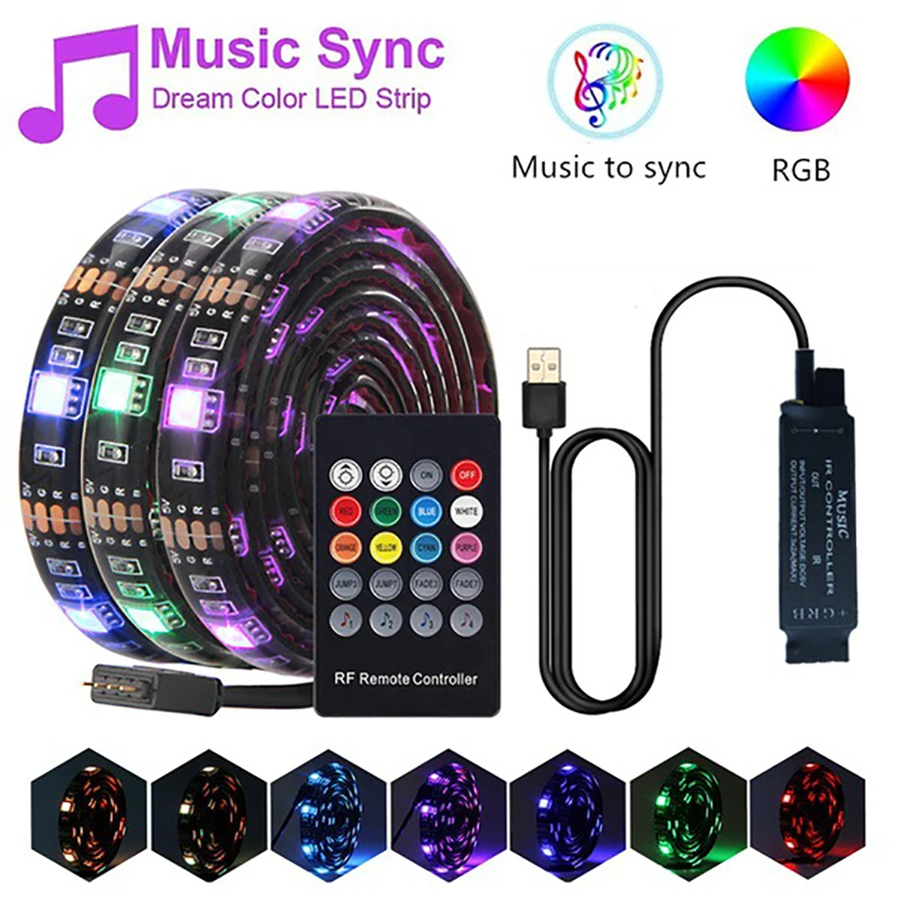 LED 5050 USB Colorful RGB TV PC Flexible Background 20-Key Music Sound Control Light Strip Gamer Cabinet Diode Tape 1 2 3 4 5 M