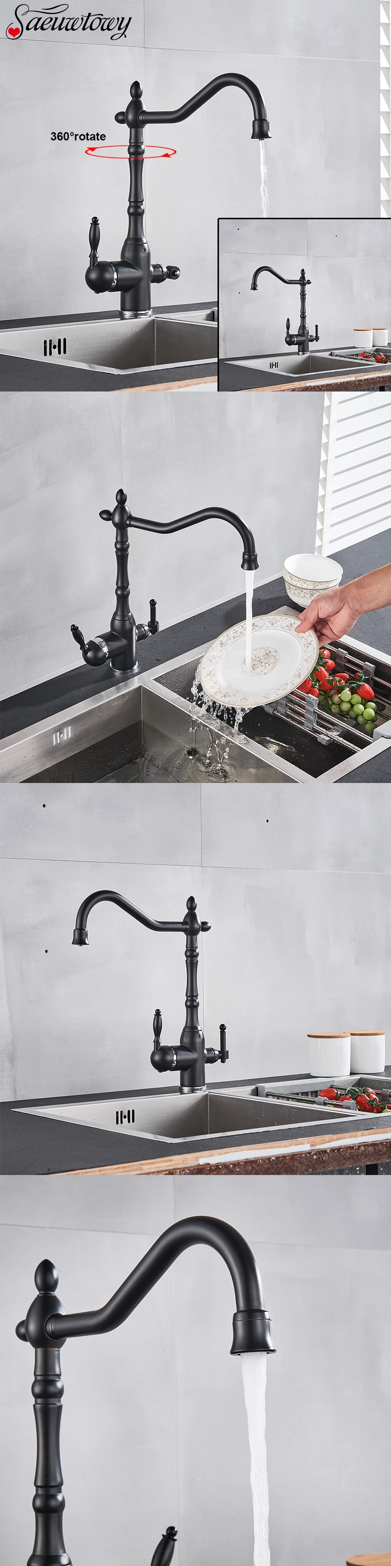 Description Picture 2 of itemFilter Kitchen Faucet 360 ° Rotatble  Hot And Cold Mixer Tap Faucet Double Handle Deck Mounted Kitchen Tap Black Basin Faucet