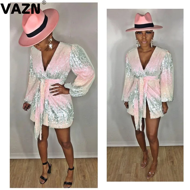 Элегантное яркое осеннее платье с V-образным вырезом и длинным рукавом | Женская