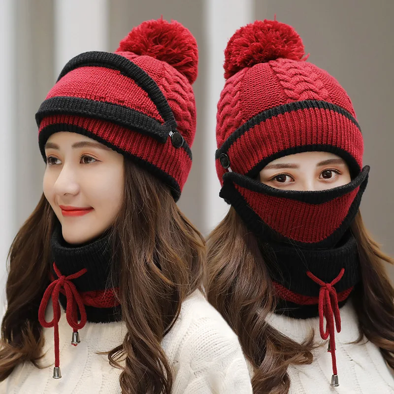 Pom Beanie Scarf Mask Set Fleece Lined Winter Knit Hats for Women Outdoor Wear