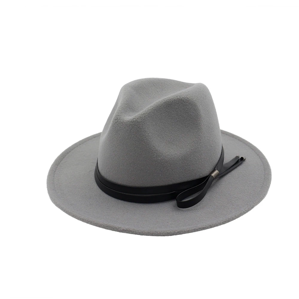 Light Gray Мужская и Женская шерстяная шляпа Fedora с кожаным поясом широкий джазования с полями шляпа элегантная женская чародейная церковная джазовая шляпа размер 56-58 см - Color: Light Gray