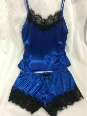 dark blue Женская летняя модная пикантная кружевная одежда для сна, женское белье, кружевные шелковые топы на бретельках и шорты, соблазнительное нижнее белье, ночная рубашка - Цвет: dark blue
