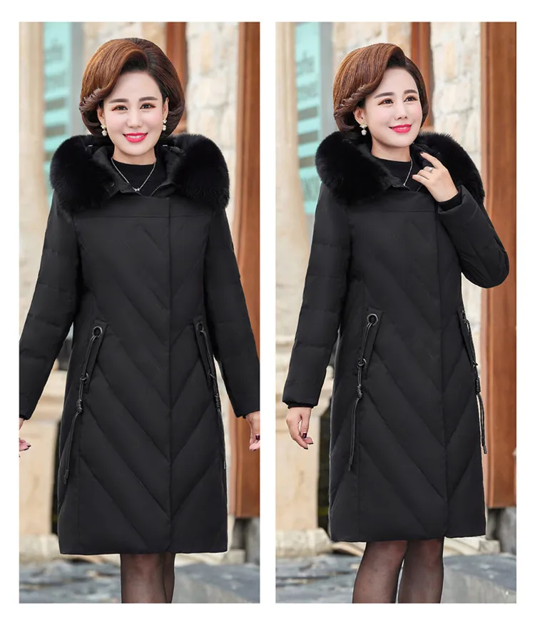 Down Jacket Women's Mid-length Slim Fit White Duck down Thick 19 Winter Hooded Middle-aged Women Dress Warm Coat