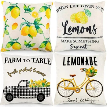 

Lemon Throw Pillow Covers Buffalo Check Summer Decorations Farmhouse Pillowcase Cotton Linen Cushion Case Home Decor