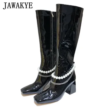 

New Pearl Chain Runway Boots Women Square Toe Chunky Heel Side Zip Winter Boots Sexy Black Bright Leather Boots Botas Mujer