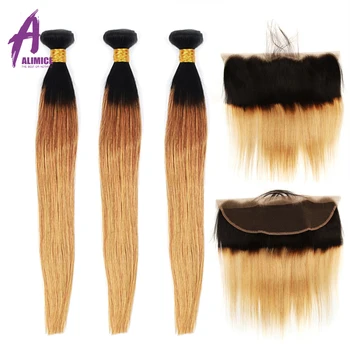 

Ombre Bundles With Frontal Brazilian Straight Hair Blonde Bundles With Closure 13*4 T1B/27 Human Hair Bundles Remy Hair Weave L