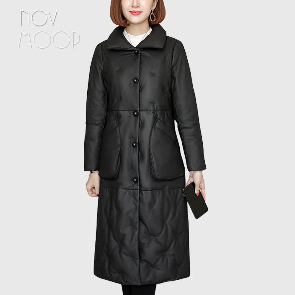 Novmoop high street, стиль, женский зимний пуховик черного цвета из натуральной овечьей кожи, abrigo mujer piumino donna LT2955