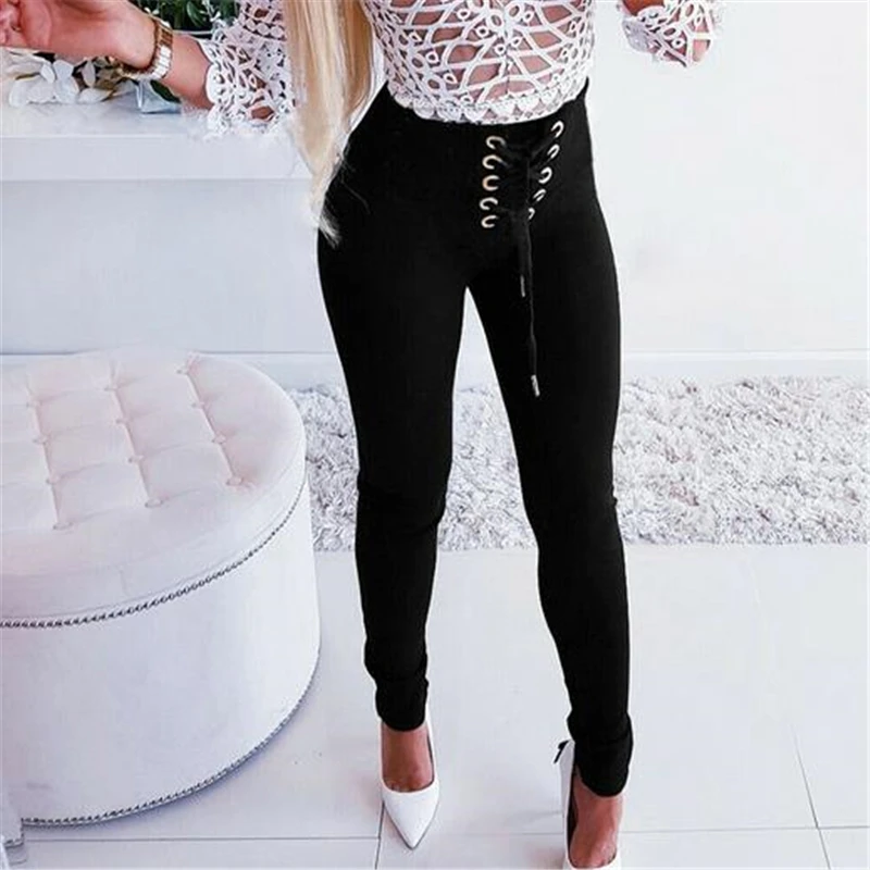 

Women's High Waist Long Pants Solid Bandage Button Trousers Skinny Leggings OL Slim Pencil Pants Autumn Fashion Trouser 2019
