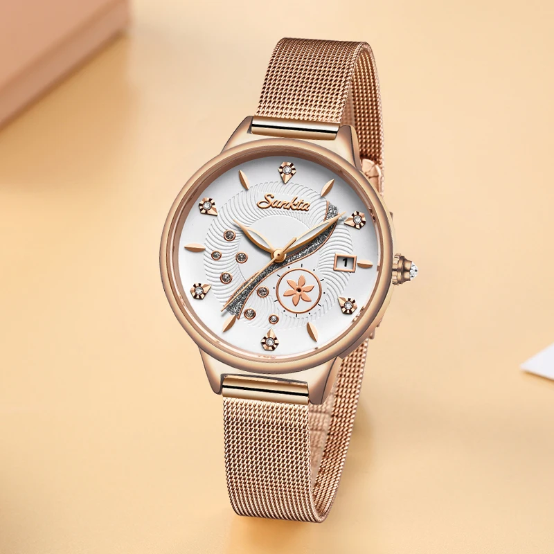 Часы наручные SUNKTA женские кварцевые брендовые роскошные из розового золота