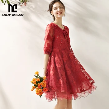 

Women's Runway Dress O Neck Half Sleeves Embroidery Beaded Loose Designer Fashion A Line Casual Dresses