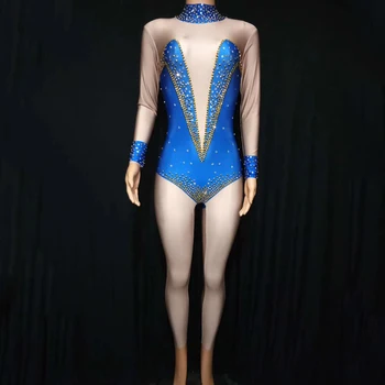 

New Rhinestones Nude Jumpsuit Sexy Performance Bodysuit Printed Leotard Stage Wear Birthday Celebrate Stretch Outfit DT2944